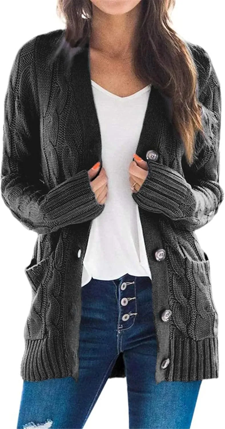 Women's Open Front Cardigan Sweaters Trendy Solid Button Cable Knit Chunky Winter Outerwear Coats with Pocket