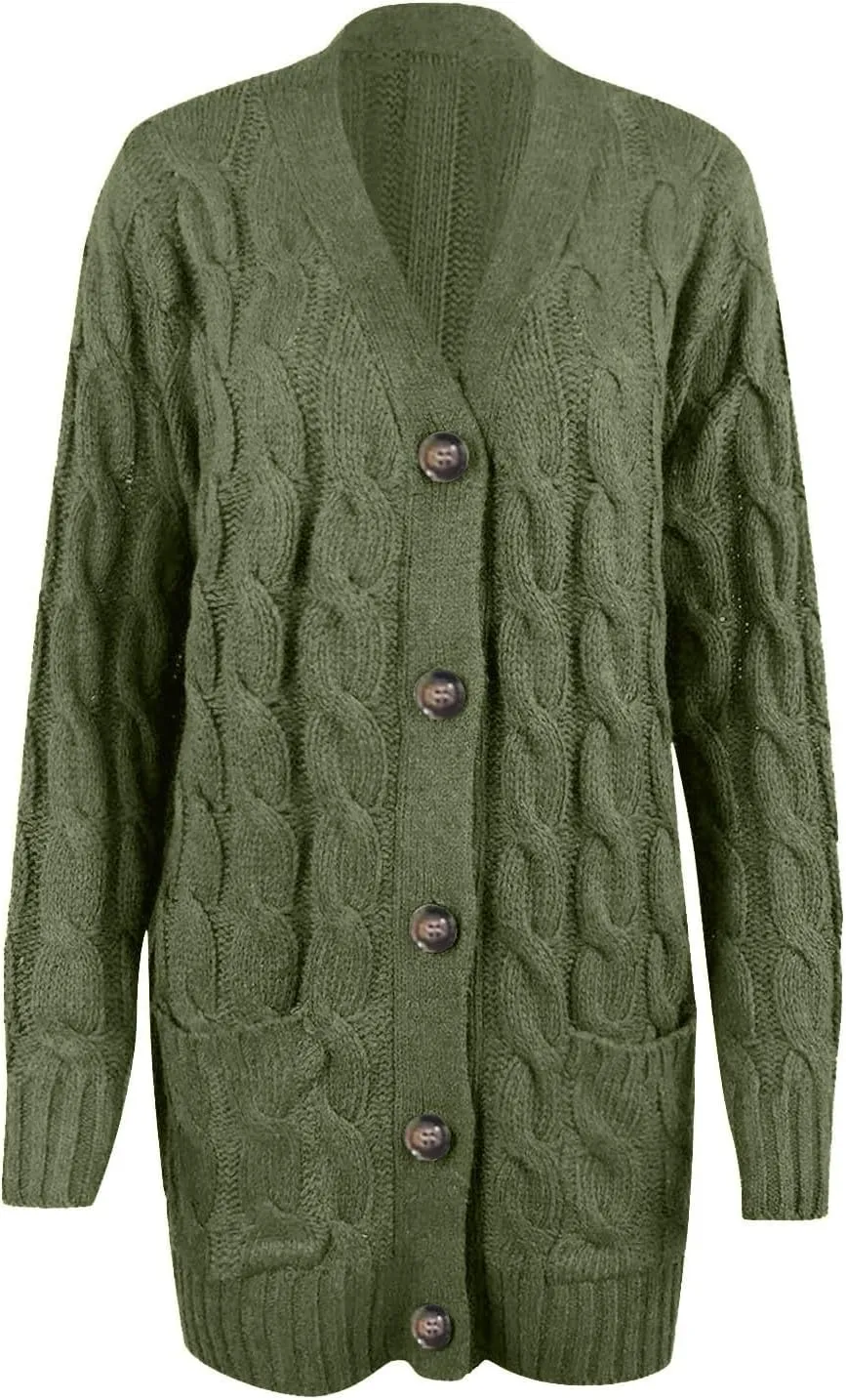 Women's Open Front Cardigan Sweaters Trendy Solid Button Cable Knit Chunky Winter Outerwear Coats with Pocket