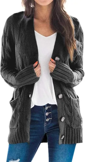 Women's Open Front Cardigan Sweaters Trendy Solid Button Cable Knit Chunky Winter Outerwear Coats with Pocket