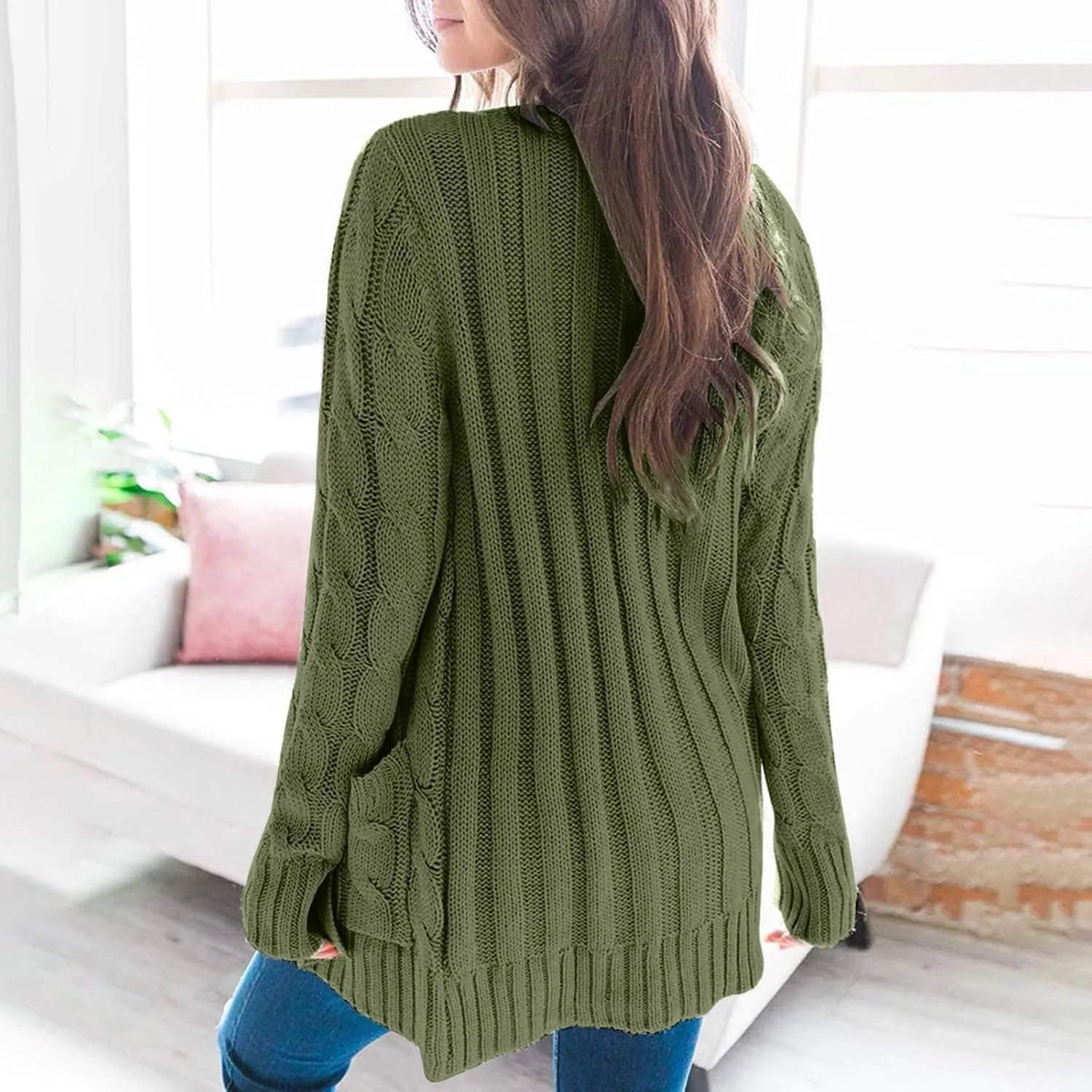 Women's Open Front Cardigan Sweaters Trendy Solid Button Cable Knit Chunky Winter Outerwear Coats with Pocket
