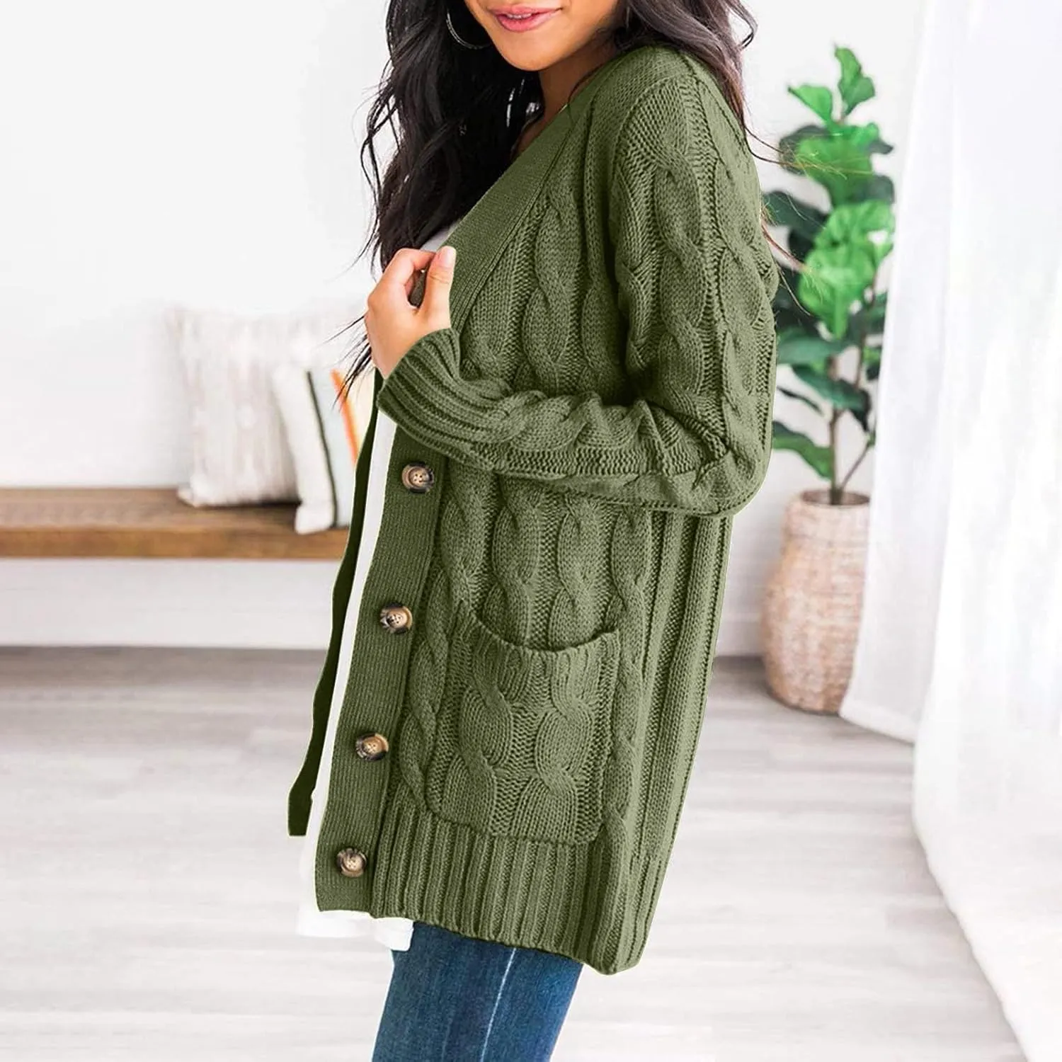 Women's Open Front Cardigan Sweaters Trendy Solid Button Cable Knit Chunky Winter Outerwear Coats with Pocket