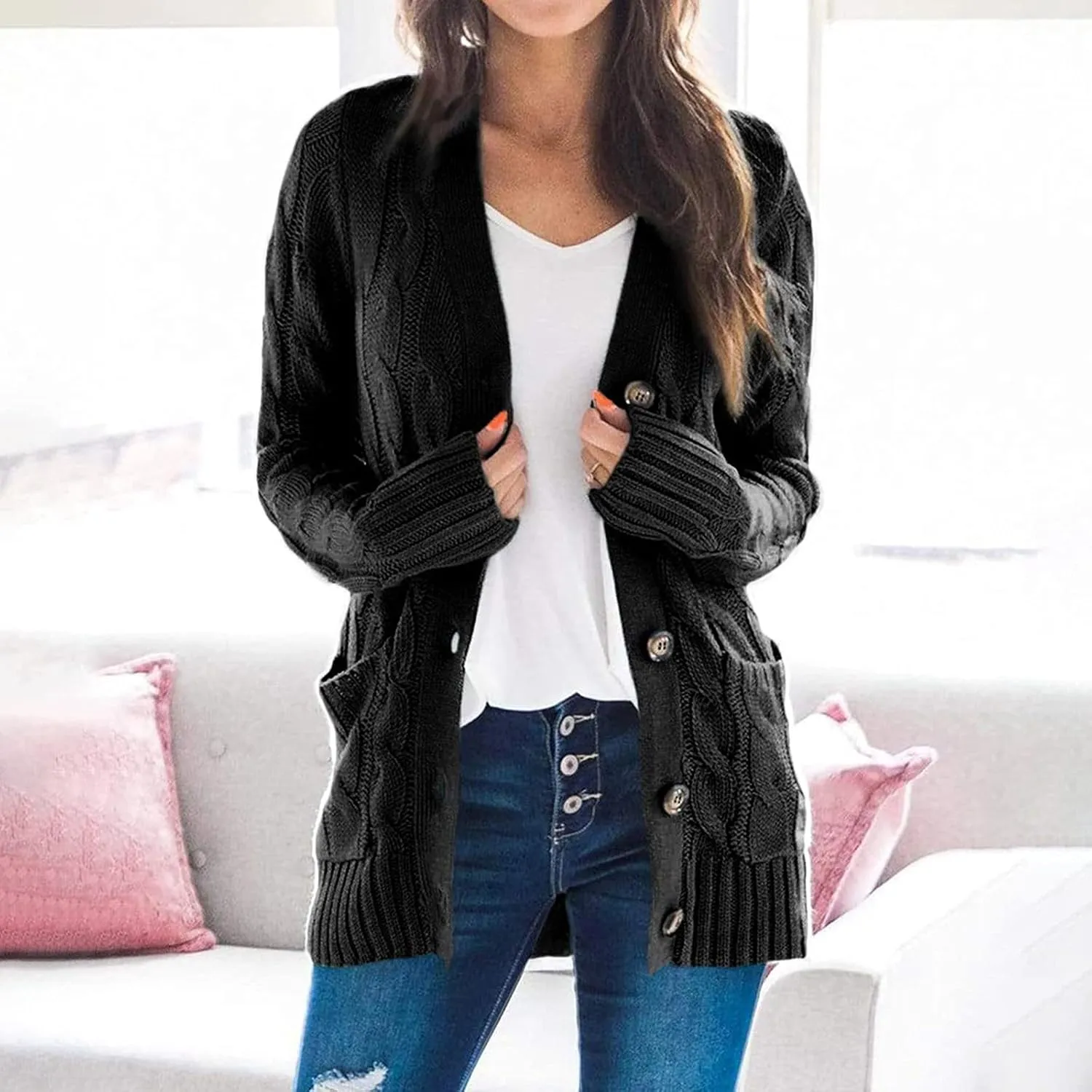 Women's Open Front Cardigan Sweaters Trendy Solid Button Cable Knit Chunky Winter Outerwear Coats with Pocket