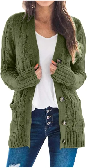 Women's Open Front Cardigan Sweaters Trendy Solid Button Cable Knit Chunky Winter Outerwear Coats with Pocket