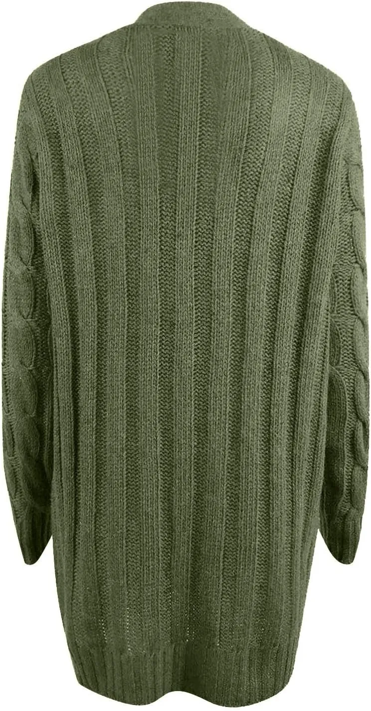 Women's Open Front Cardigan Sweaters Trendy Solid Button Cable Knit Chunky Winter Outerwear Coats with Pocket
