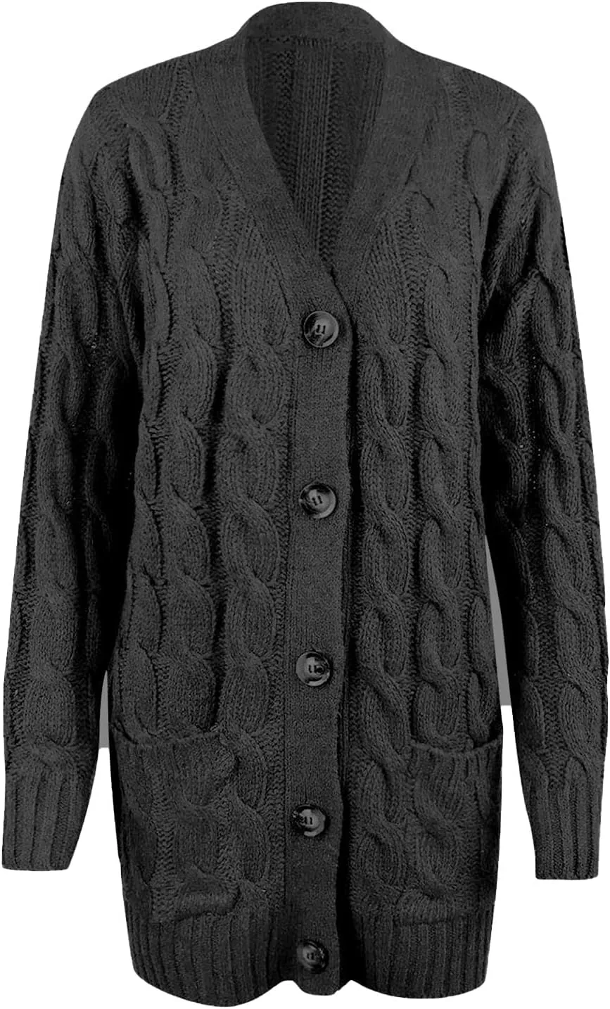 Women's Open Front Cardigan Sweaters Trendy Solid Button Cable Knit Chunky Winter Outerwear Coats with Pocket