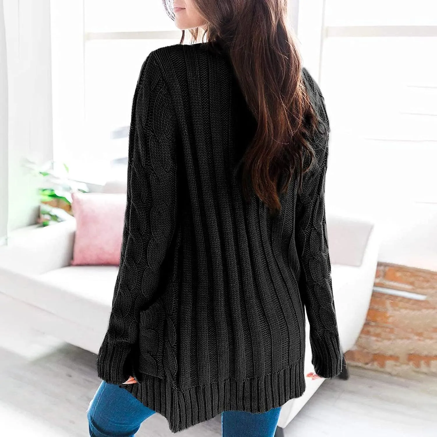 Women's Open Front Cardigan Sweaters Trendy Solid Button Cable Knit Chunky Winter Outerwear Coats with Pocket