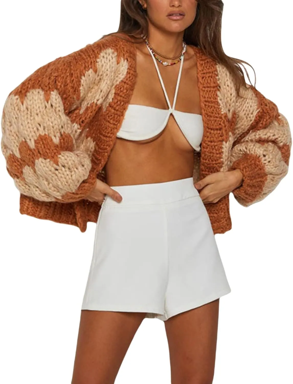 Womens Open Front Chunky Cardigan Sweater Long Sleeve Cable Knit Cropped Cardigan Loose Outwear Coat Streetwear