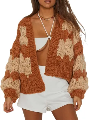 Womens Open Front Chunky Cardigan Sweater Long Sleeve Cable Knit Cropped Cardigan Loose Outwear Coat Streetwear