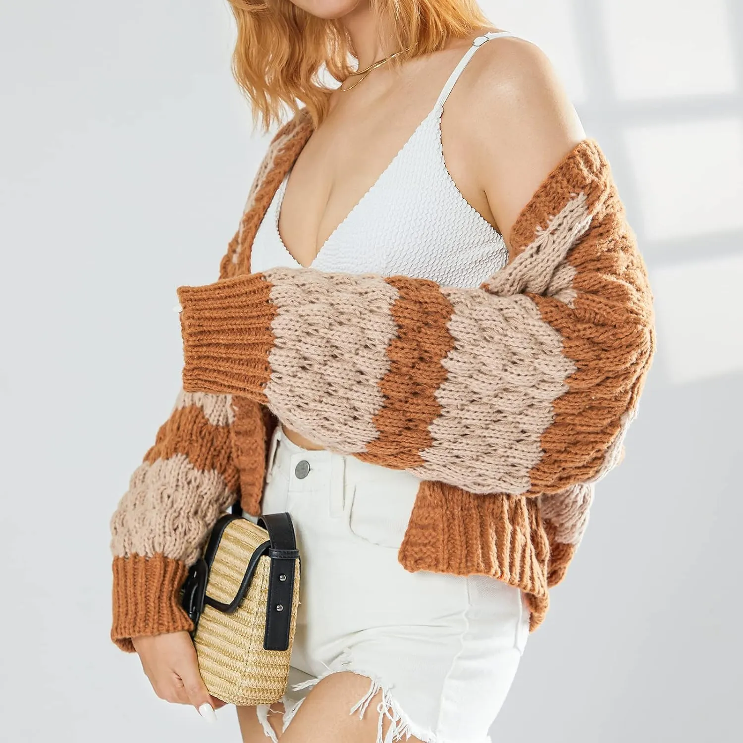 Womens Open Front Chunky Cardigan Sweater Long Sleeve Cable Knit Cropped Cardigan Loose Outwear Coat Streetwear