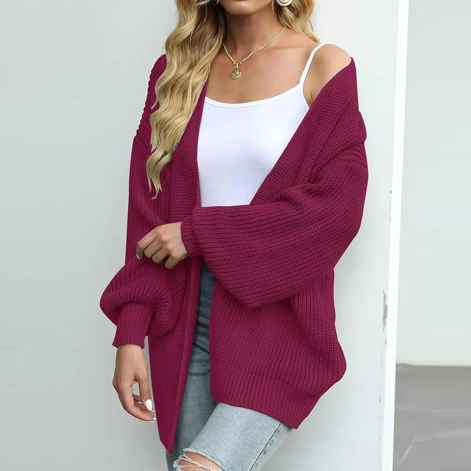 Women's Oversized Cute Lightweight Long Cardigans Chunky Knit Waffle Sweater V Neck Open Loose Outwear