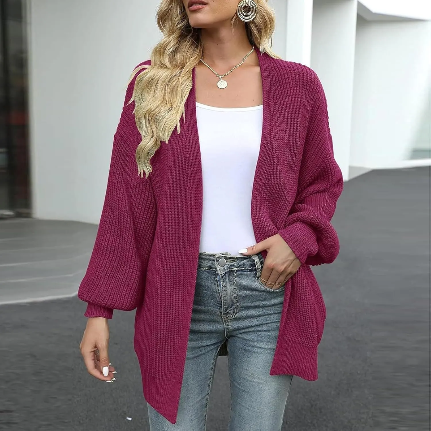 Women's Oversized Cute Lightweight Long Cardigans Chunky Knit Waffle Sweater V Neck Open Loose Outwear