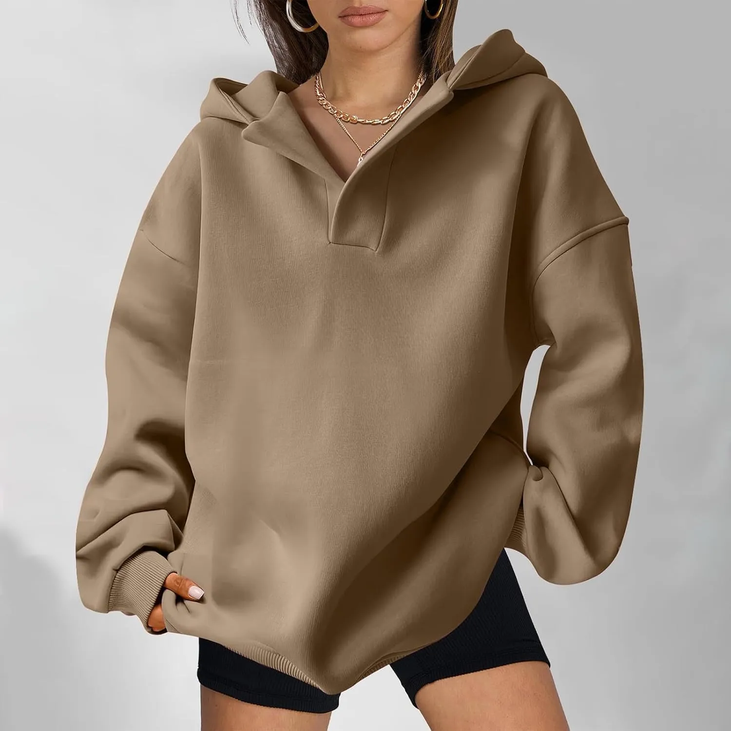 Womens Oversized Hoodies Fleece Long Sleeve Sweatshirts Lapel V Neck Casual Sweaters Pullover Fall Fashion Outfits 2024