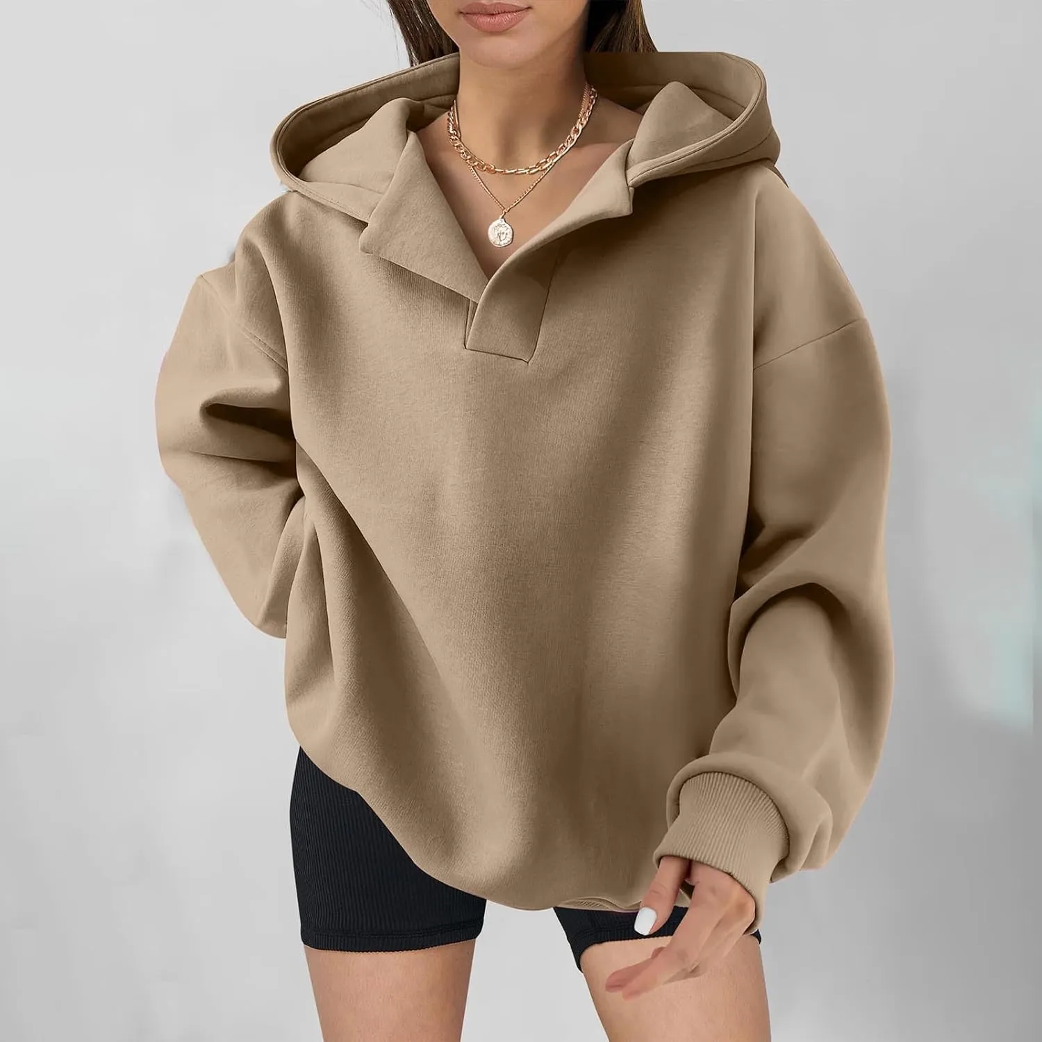 Womens Oversized Hoodies Fleece Long Sleeve Sweatshirts Lapel V Neck Casual Sweaters Pullover Fall Fashion Outfits 2024