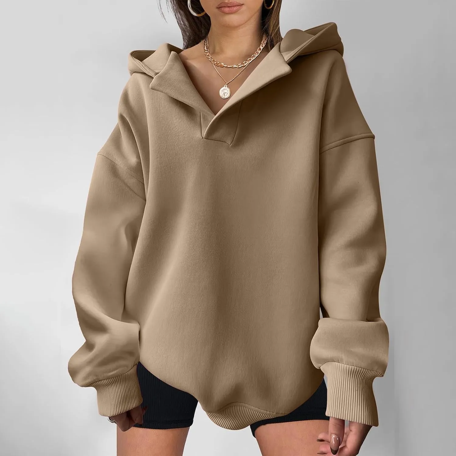 Womens Oversized Hoodies Fleece Long Sleeve Sweatshirts Lapel V Neck Casual Sweaters Pullover Fall Fashion Outfits 2024