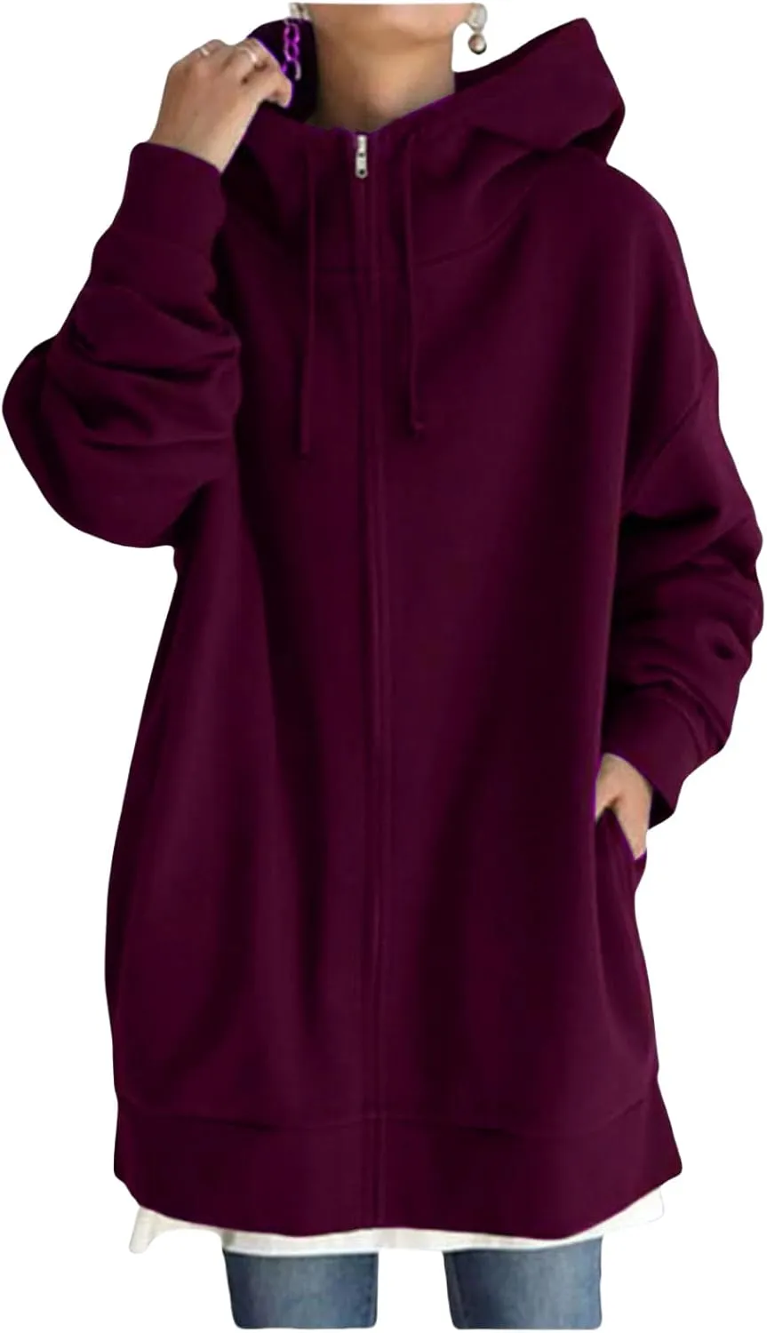 Womens Oversized Long Hoodies Zip Up Jacket Cowl Neck Long Sleeve Sweatshirt Fleece Loose Fit Fall Clothes