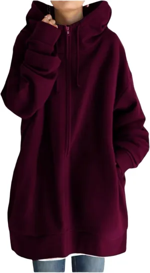 Womens Oversized Long Hoodies Zip Up Jacket Cowl Neck Long Sleeve Sweatshirt Fleece Loose Fit Fall Clothes