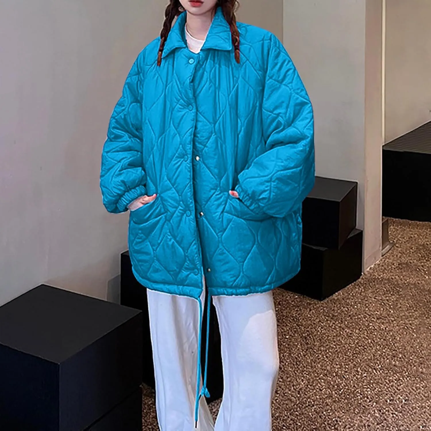 Womens Oversized Puffer Jacket Lightweight Puffer Jackets Long Sleeve Button Up Lapel Down Coat with Pockets