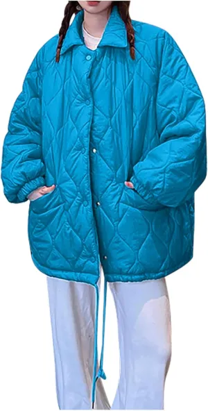 Womens Oversized Puffer Jacket Lightweight Puffer Jackets Long Sleeve Button Up Lapel Down Coat with Pockets