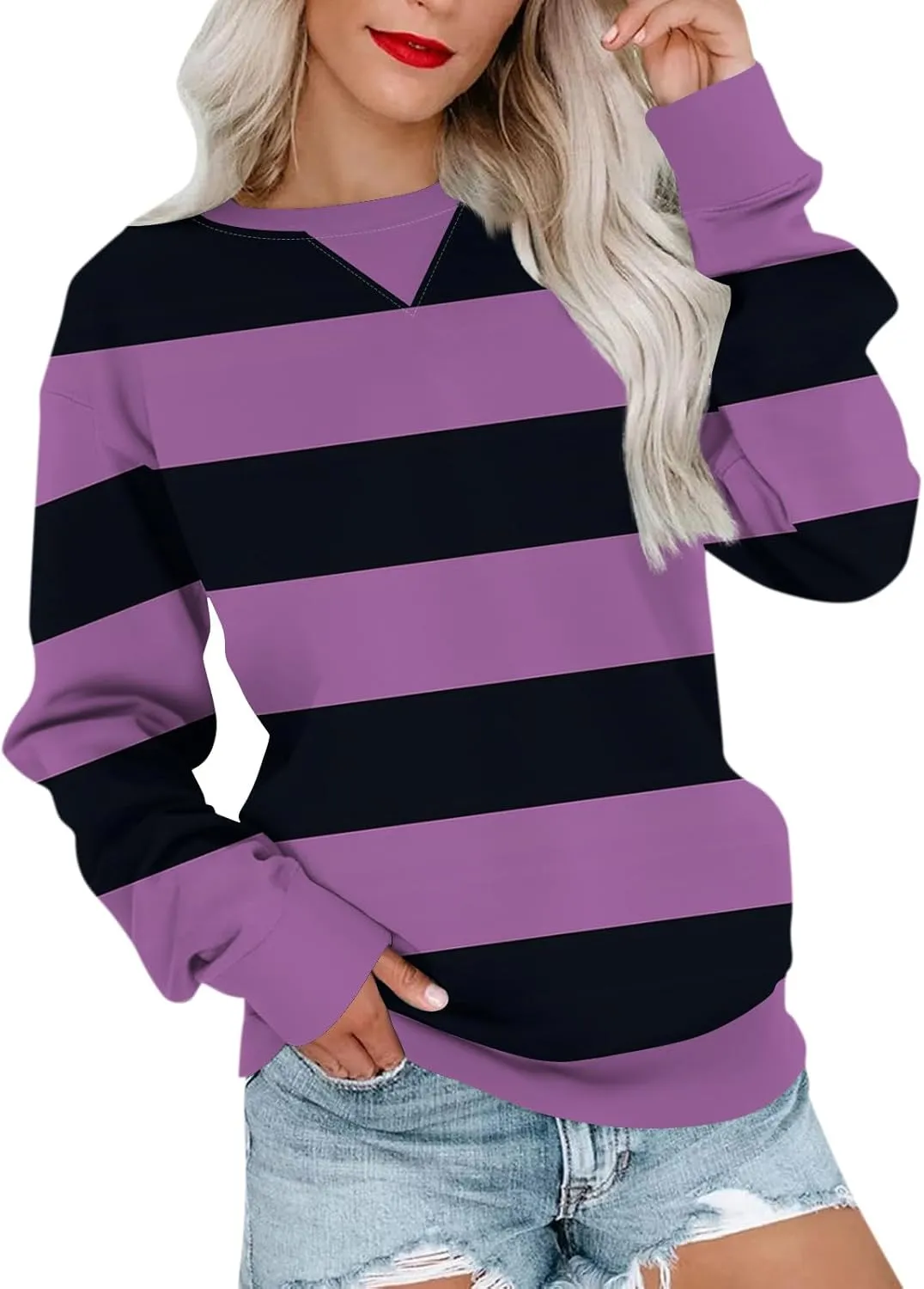Women's Oversized Pullover Striped Sweatshirt Soft Crew Neck Fall Sweaters for Women Trendy 2024