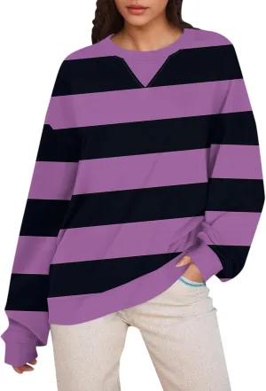 Women's Oversized Pullover Striped Sweatshirt Soft Crew Neck Fall Sweaters for Women Trendy 2024