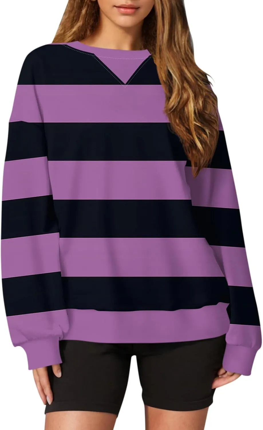 Women's Oversized Pullover Striped Sweatshirt Soft Crew Neck Fall Sweaters for Women Trendy 2024