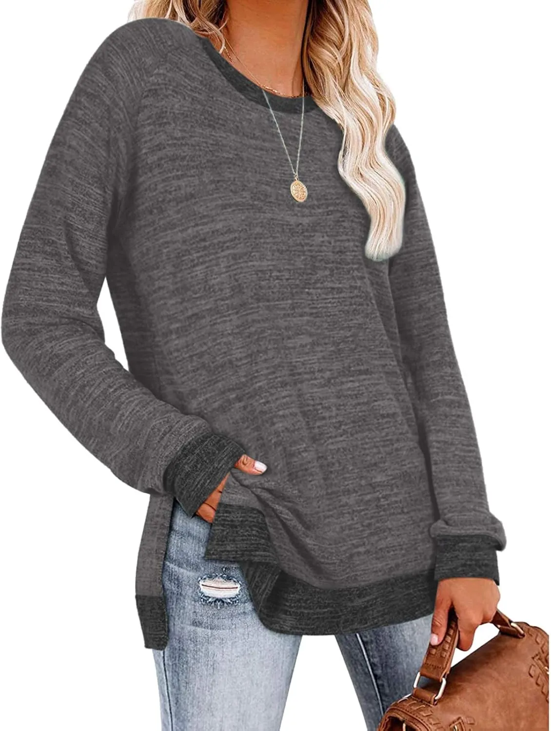Women's Oversized Shirts Dressy Long Sleeve Crewneck Side Split Loose Casual Pullover Tops Fall Lightweight Tunics
