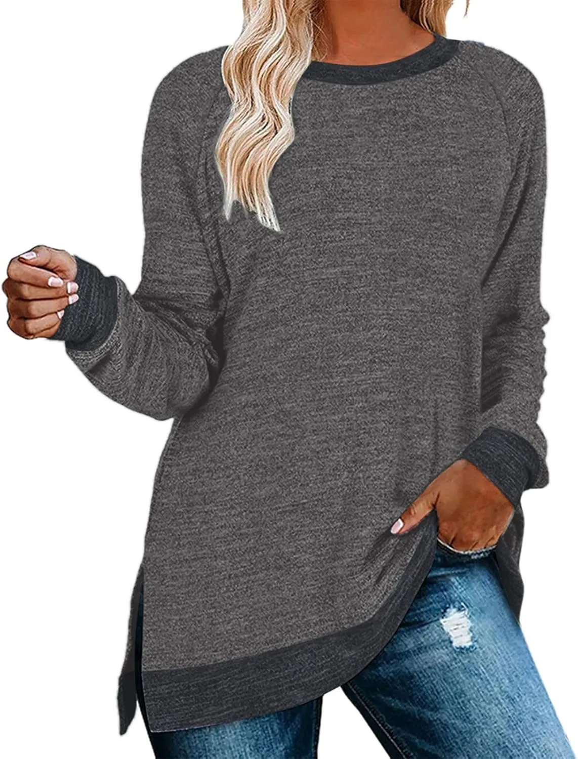 Women's Oversized Shirts Dressy Long Sleeve Crewneck Side Split Loose Casual Pullover Tops Fall Lightweight Tunics