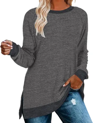 Women's Oversized Shirts Dressy Long Sleeve Crewneck Side Split Loose Casual Pullover Tops Fall Lightweight Tunics