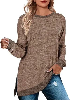 Women's Oversized Shirts Dressy Long Sleeve Crewneck Side Split Loose Casual Pullover Tops Fall Lightweight Tunics