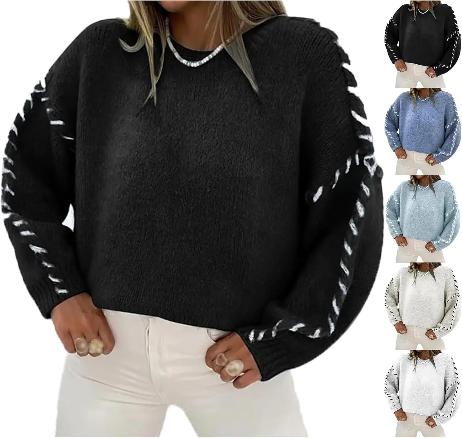 Womens Oversized Sweaters Contrast Stitching Crewneck Sweater Cable Knit Pullover Jumper Tops