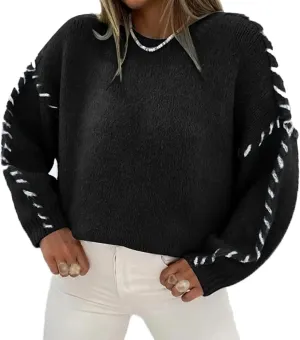Womens Oversized Sweaters Contrast Stitching Crewneck Sweater Cable Knit Pullover Jumper Tops