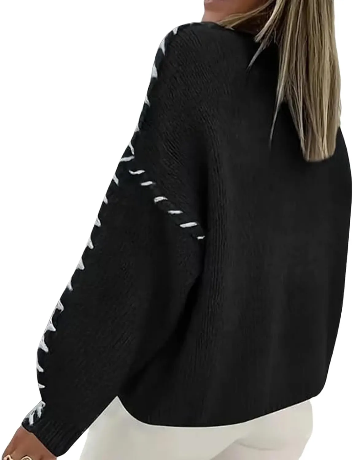 Womens Oversized Sweaters Contrast Stitching Crewneck Sweater Cable Knit Pullover Jumper Tops