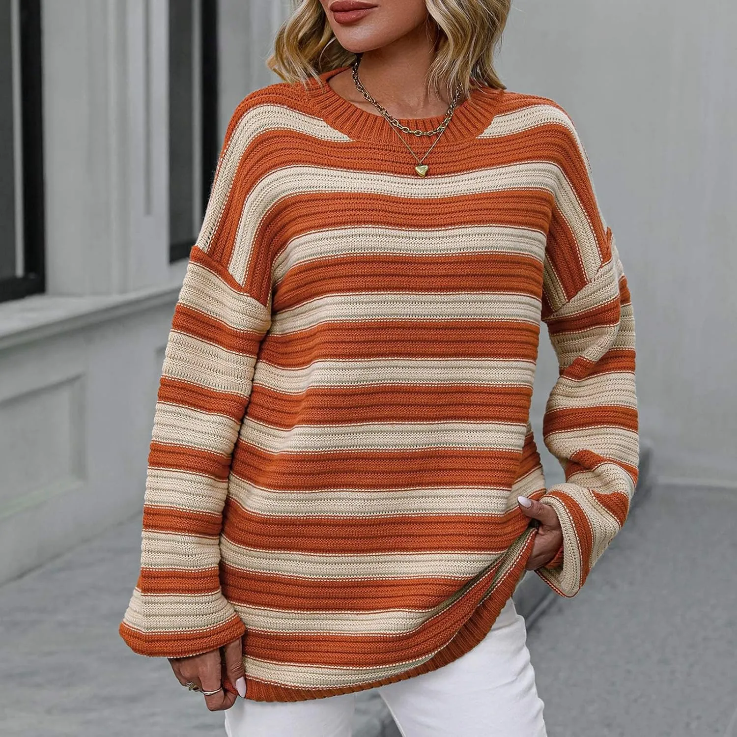 Womens Oversized Sweaters Long Sleeve Crew Neck Top 2024 Fall Outfits Fashion Striped Sweatshirt Plus Size