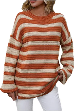 Womens Oversized Sweaters Long Sleeve Crew Neck Top 2024 Fall Outfits Fashion Striped Sweatshirt Plus Size