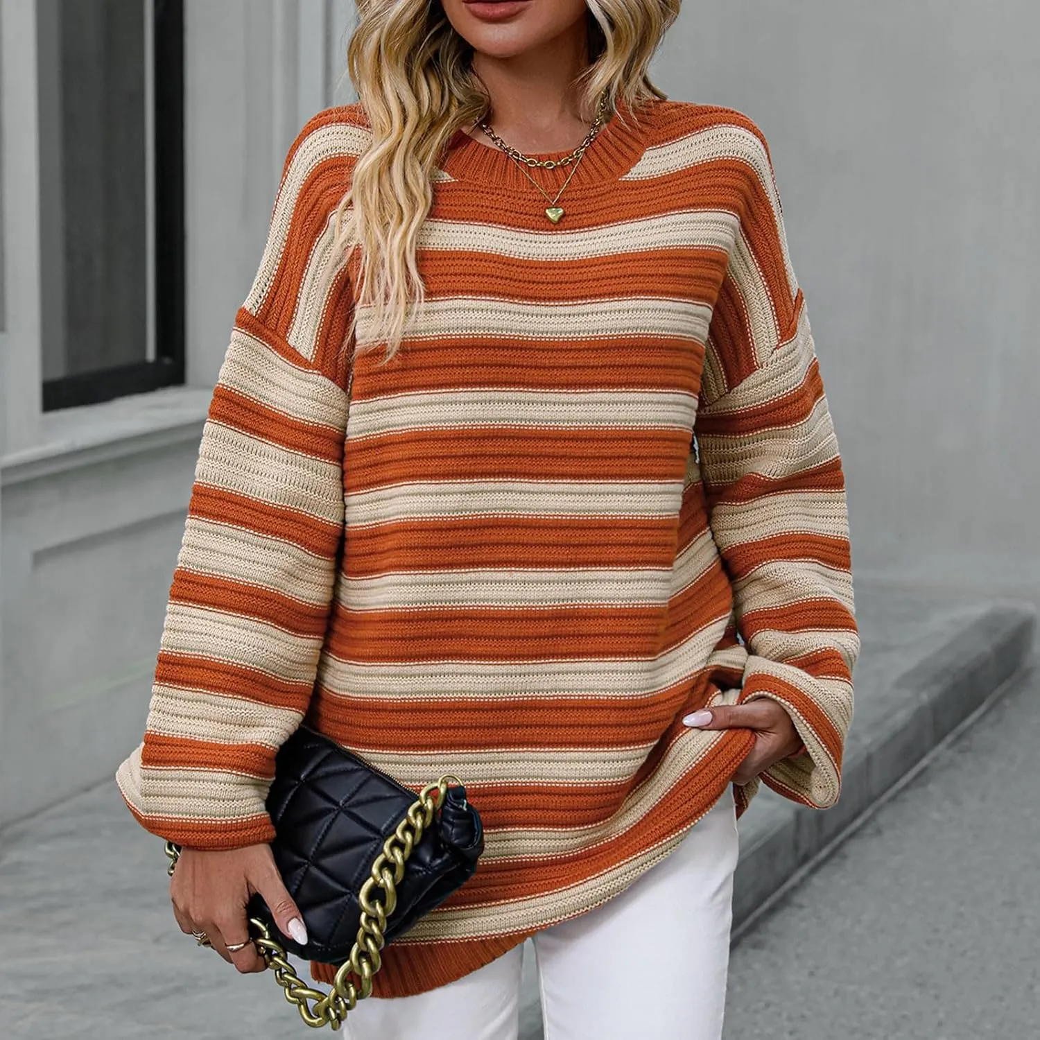 Womens Oversized Sweaters Long Sleeve Crew Neck Top 2024 Fall Outfits Fashion Striped Sweatshirt Plus Size