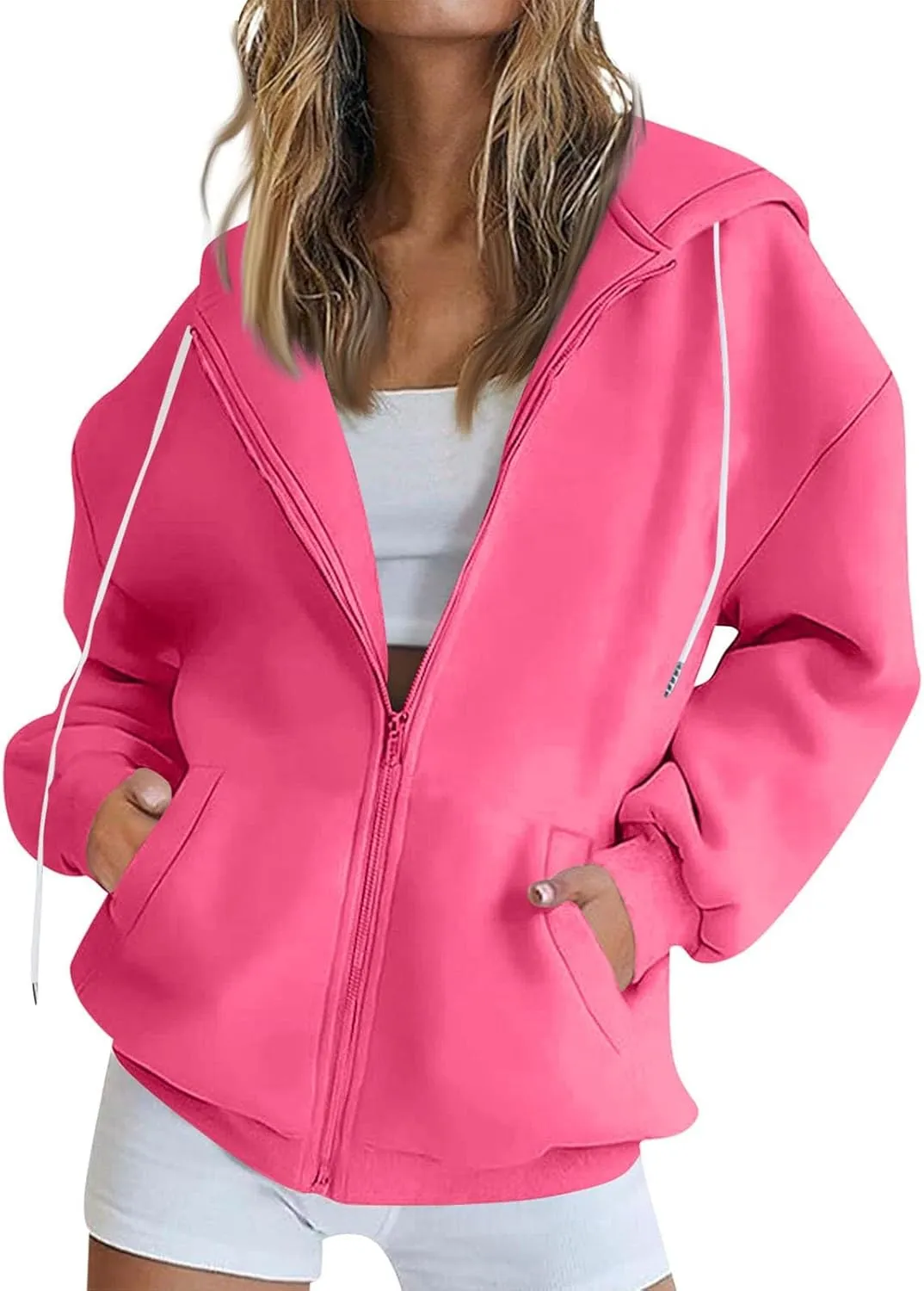 Women's Oversized Sweatshirts Loose Fit Winter Casual Trendy Long Sleeve Zipper Hooded Solid Fleece Cardigan, S-2XL