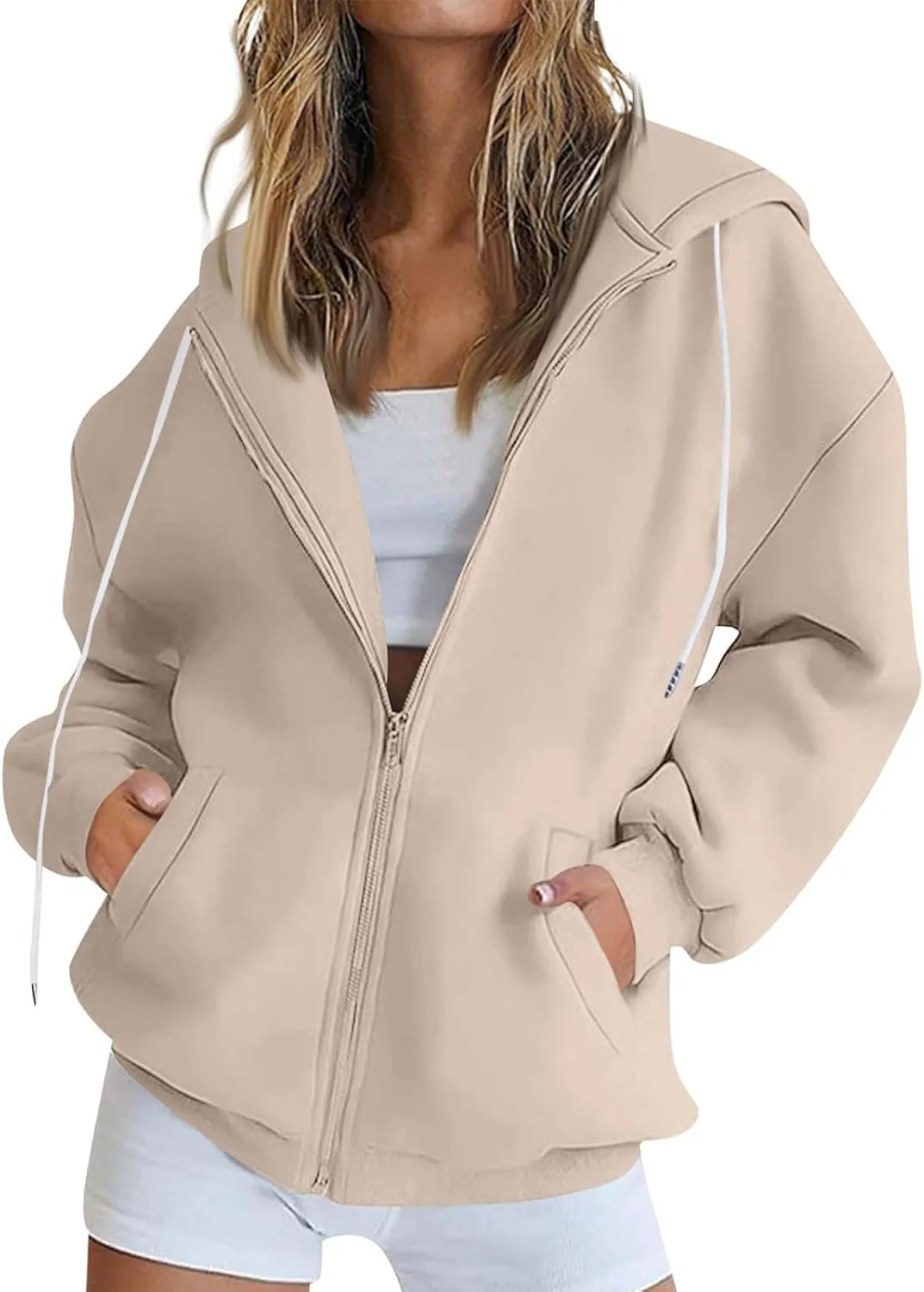 Women's Oversized Sweatshirts Loose Fit Winter Casual Trendy Long Sleeve Zipper Hooded Solid Fleece Cardigan, S-2XL