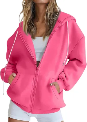 Women's Oversized Sweatshirts Loose Fit Winter Casual Trendy Long Sleeve Zipper Hooded Solid Fleece Cardigan, S-2XL