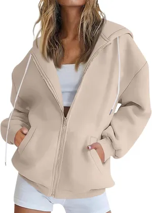 Women's Oversized Sweatshirts Loose Fit Winter Casual Trendy Long Sleeve Zipper Hooded Solid Fleece Cardigan, S-2XL
