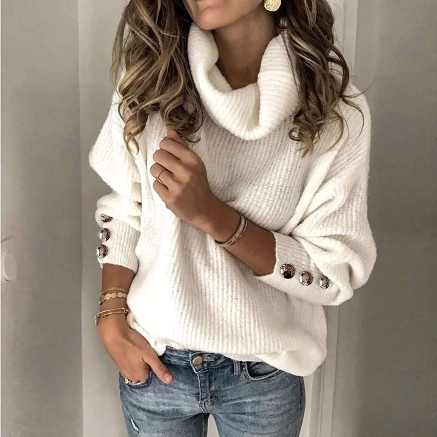 Women's Oversized Turtleneck Sweaters Chunky Pullover Sweaters Comfy Loose Knit Sweaters Button Long Sleeve Sweaters