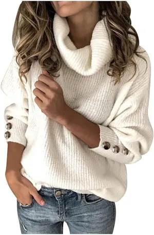 Women's Oversized Turtleneck Sweaters Chunky Pullover Sweaters Comfy Loose Knit Sweaters Button Long Sleeve Sweaters