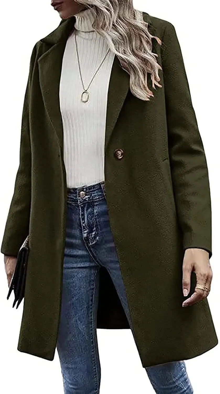 Womens Pea Coat Casual Notch Lapel Cardigan Coats Single Breasted Open Front Wool Coats 2024 Fall Winter Overcoat
