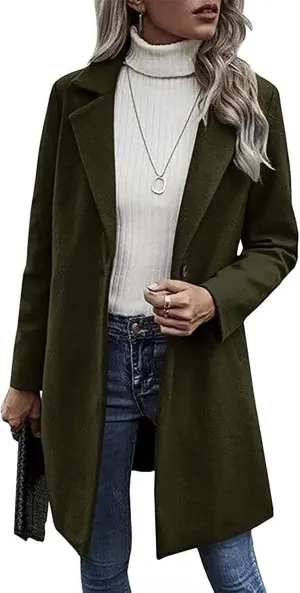 Womens Pea Coat Casual Notch Lapel Cardigan Coats Single Breasted Open Front Wool Coats 2024 Fall Winter Overcoat