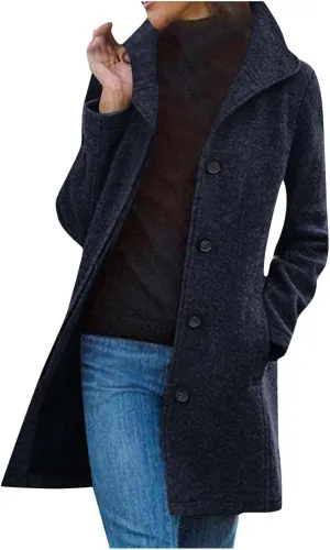 Womens Pea Coat Casual Thicken Wool Blend Stand Collar Trench Coats Single Breasted Mid-Long Peacoat Jackets
