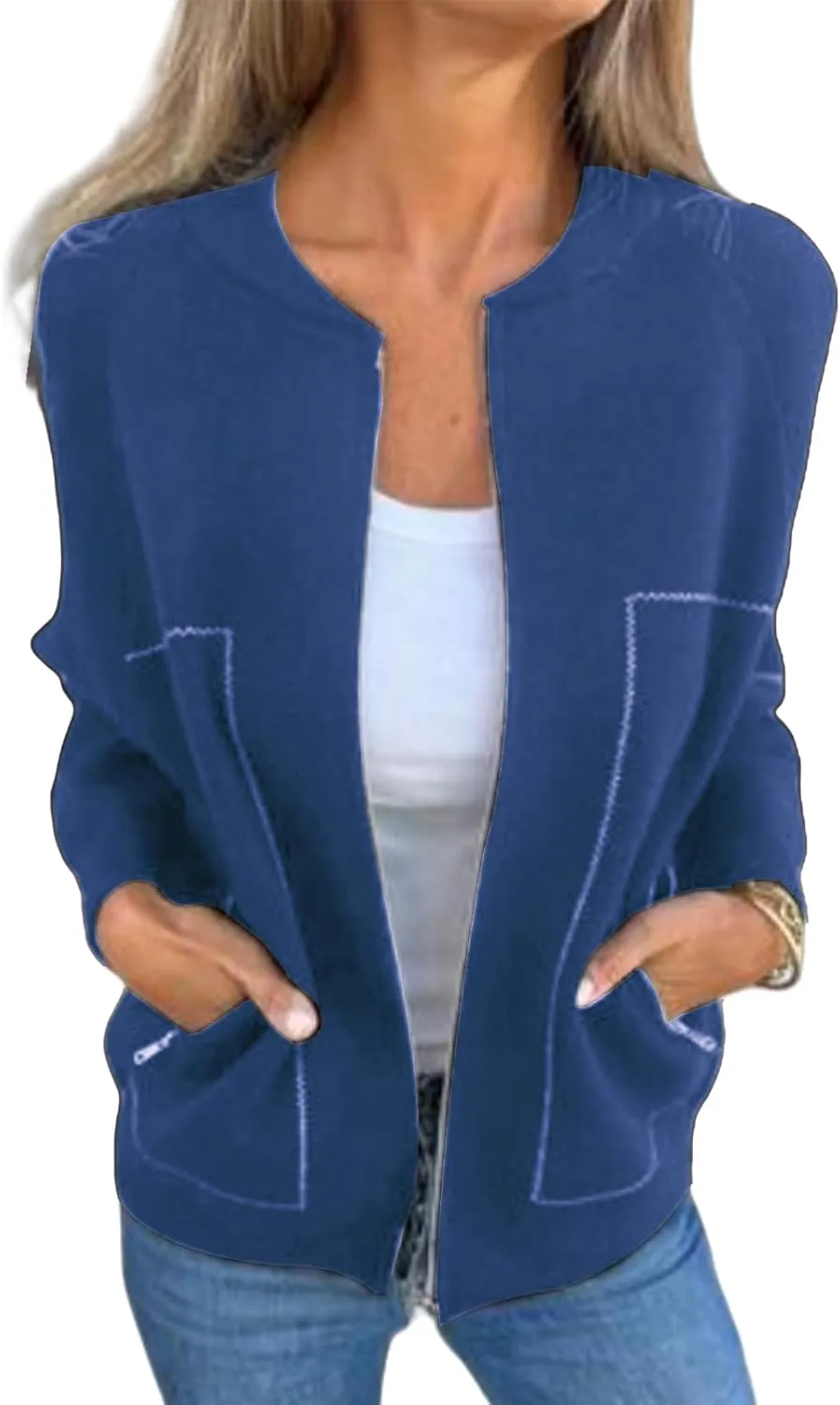 Womens Pea Coat Zip Up Long Sleeve Coat Crew Neck Wool Blend Jacket Open Front Cardigan Outerwear with Pockets