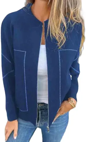 Womens Pea Coat Zip Up Long Sleeve Coat Crew Neck Wool Blend Jacket Open Front Cardigan Outerwear with Pockets