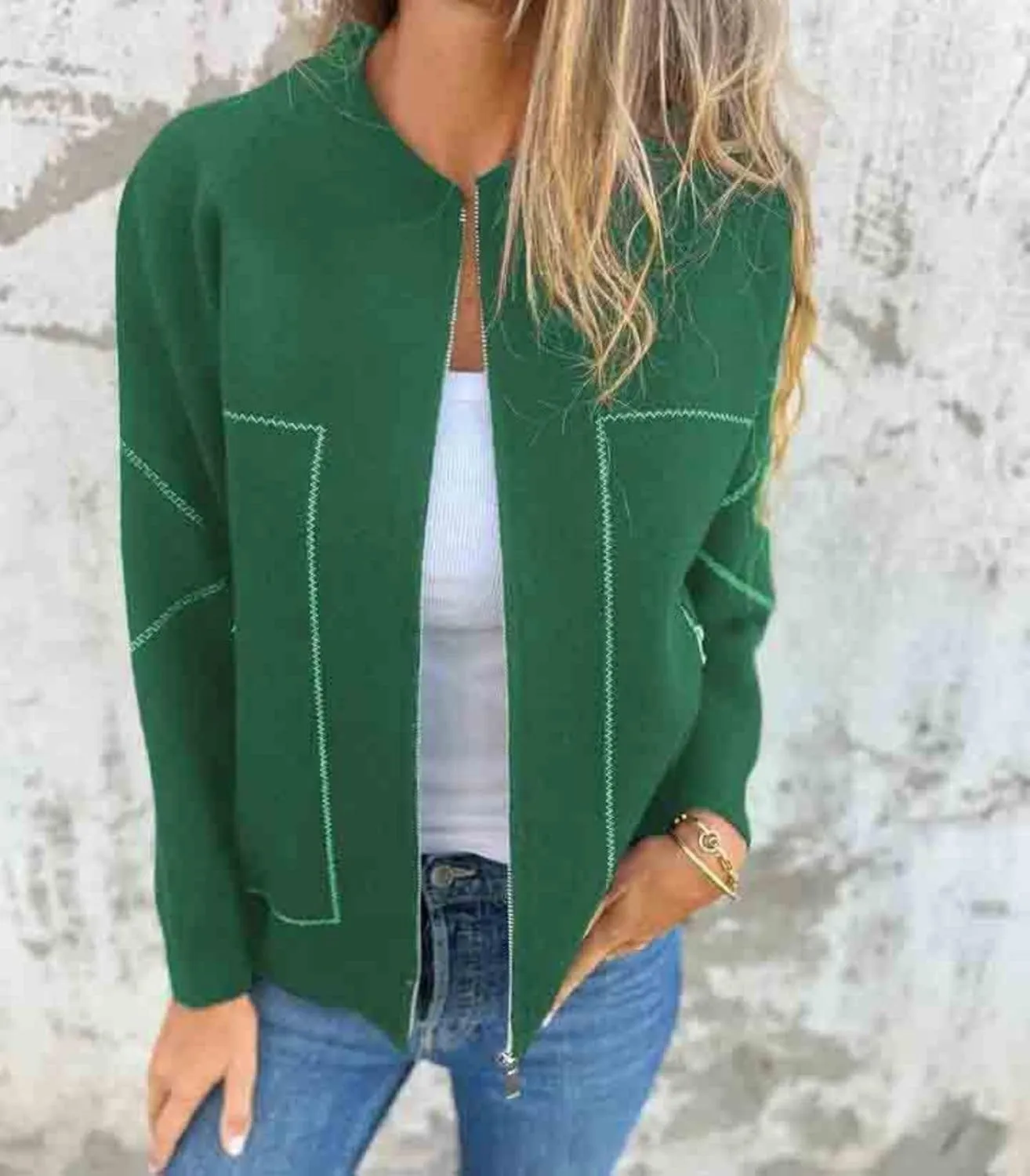 Womens Pea Coat Zip Up Long Sleeve Coat Crew Neck Wool Blend Jacket Open Front Cardigan Outerwear with Pockets