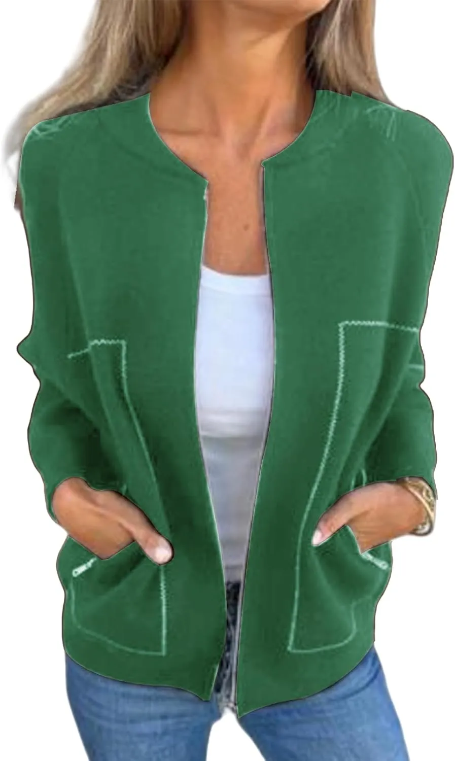 Womens Pea Coat Zip Up Long Sleeve Coat Crew Neck Wool Blend Jacket Open Front Cardigan Outerwear with Pockets