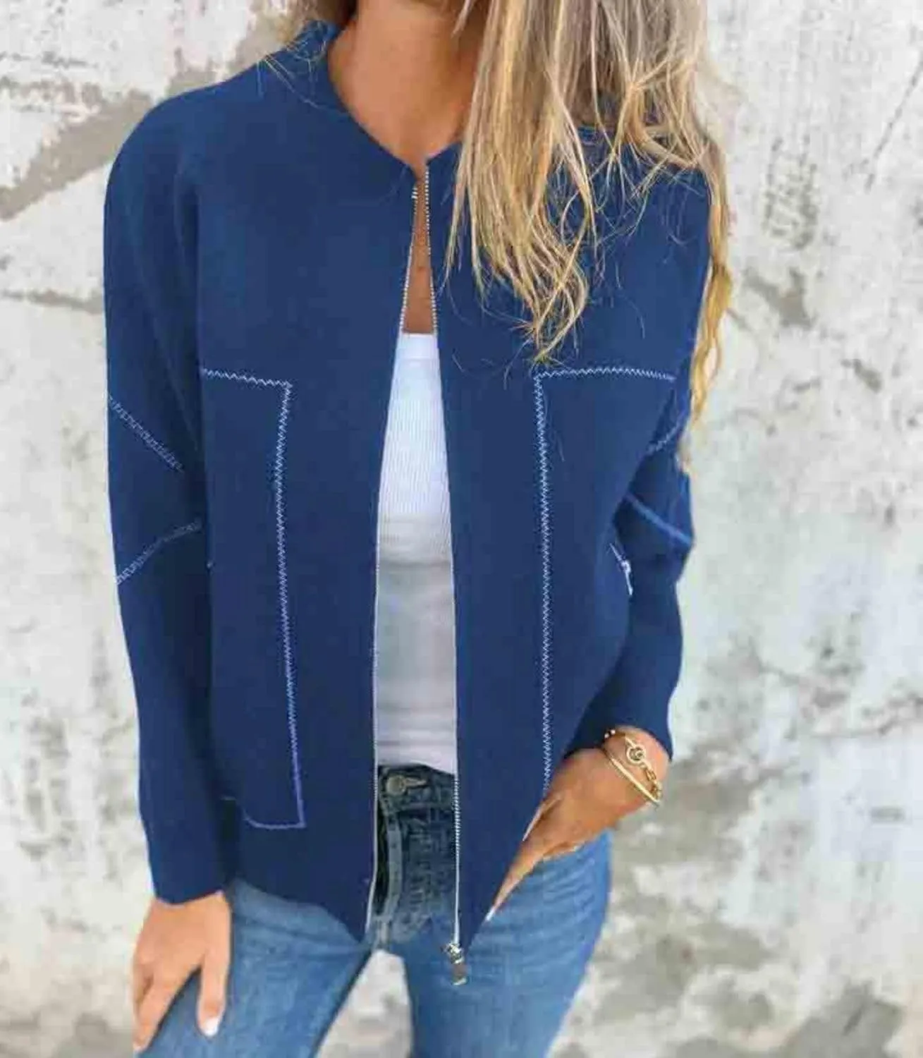 Womens Pea Coat Zip Up Long Sleeve Coat Crew Neck Wool Blend Jacket Open Front Cardigan Outerwear with Pockets