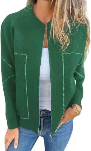 Womens Pea Coat Zip Up Long Sleeve Coat Crew Neck Wool Blend Jacket Open Front Cardigan Outerwear with Pockets